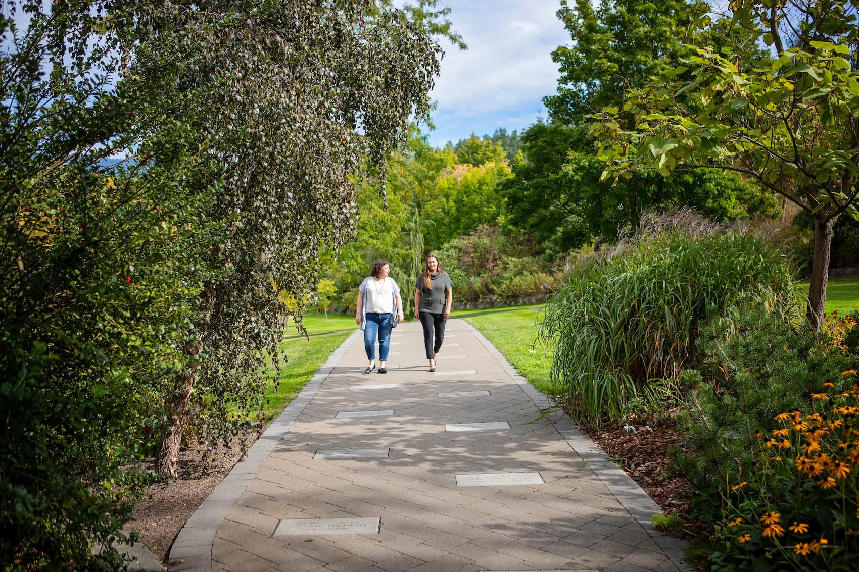 two friends walking in a sunny green park