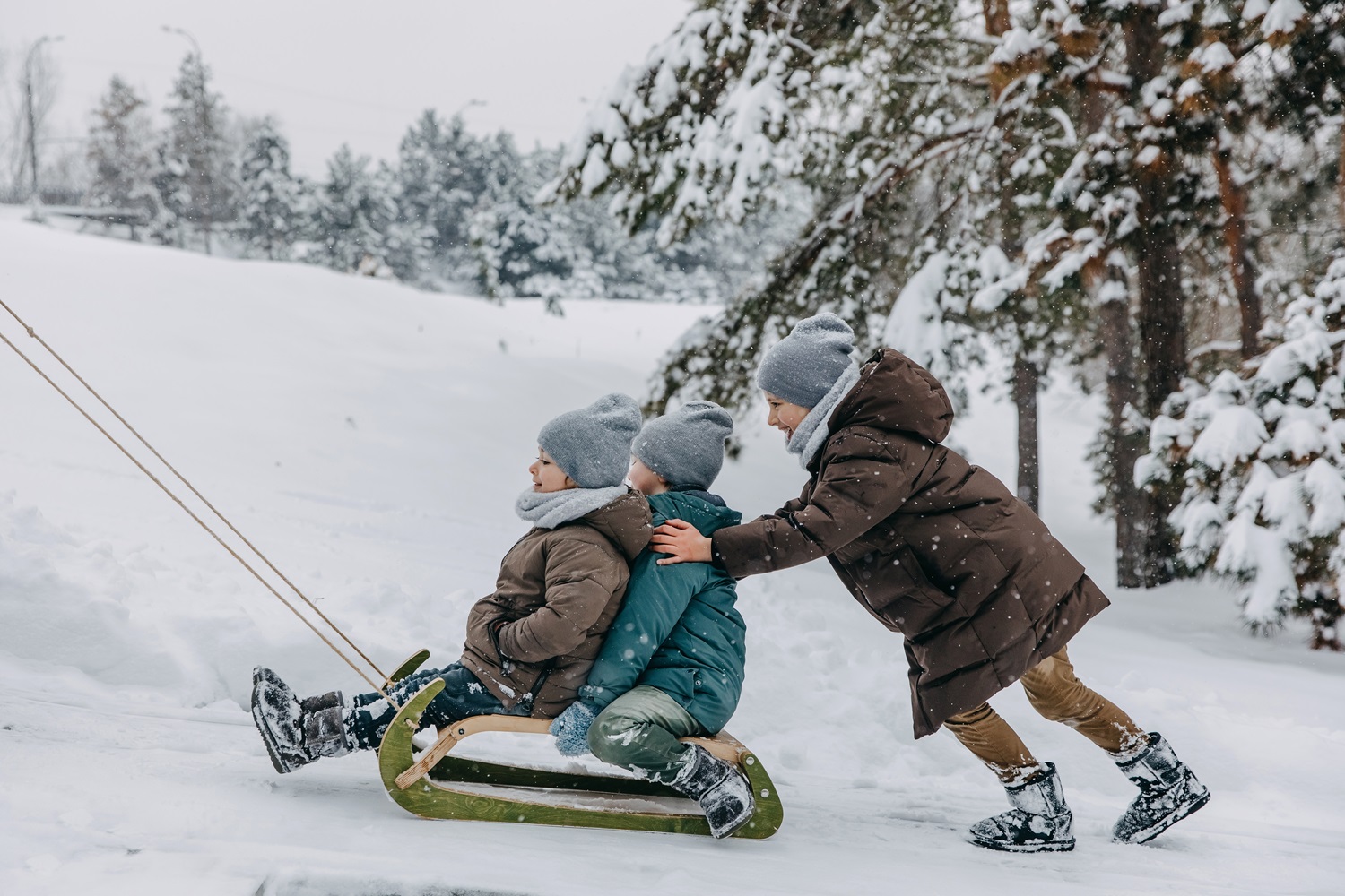 kids sledding in a snowy forest